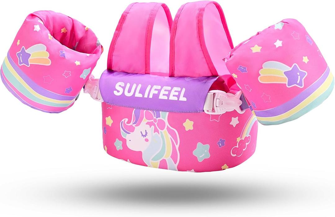 SULIFEEL Toddler Swim Vest for 20-66 lbs Kids Floaties Swim Jacket with Arm Water Wings for Girls Boys 2 3 4 5 6 7 Years Old Sea Beach Pool (Rainbow Unicorn Rose red)