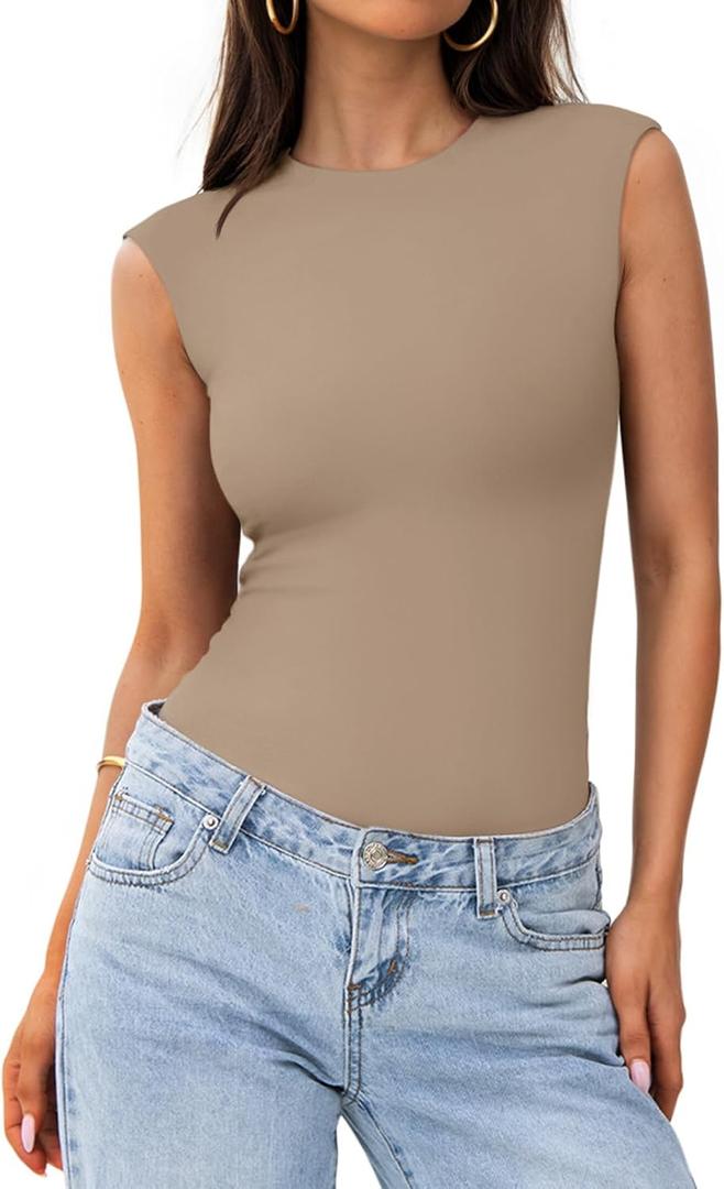 PINKMSTYLE Womens Crew Neck Sleeveless Bodysuit Double Lined Stretchy Fitted Basic Thong Body suit Tank Tops (Beige, S)