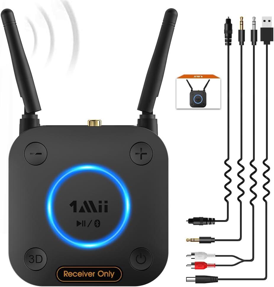 [Upgraded] 1Mii B06Pro Long Range Bluetooth Receiver, HiFi Wireless Audio Adapter, Bluetooth 5.1 Receiver with 3D Surround aptX HD Low Latency Optical RCA AUX 3.5mm Coaxial for Home Stereo System (B06Pro Black)