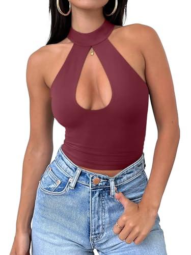 REORIA Women's Sexy Criss Cross Halter Neck Trendy Summer Sleeveless Nightout Cute Y2K Cutout Clubwear Going Out Crop Tops Concert Outfits for Women (Burgundy Medium)