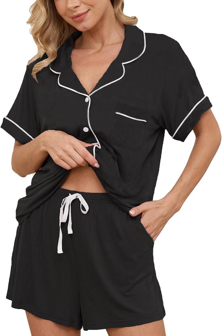 Womens Pajama Sets Short Sleeve Sleepwear Soft Button Down Nightwear Lounge Pj Set XS-XXL (Medium, Black(with Shorts Pocket))