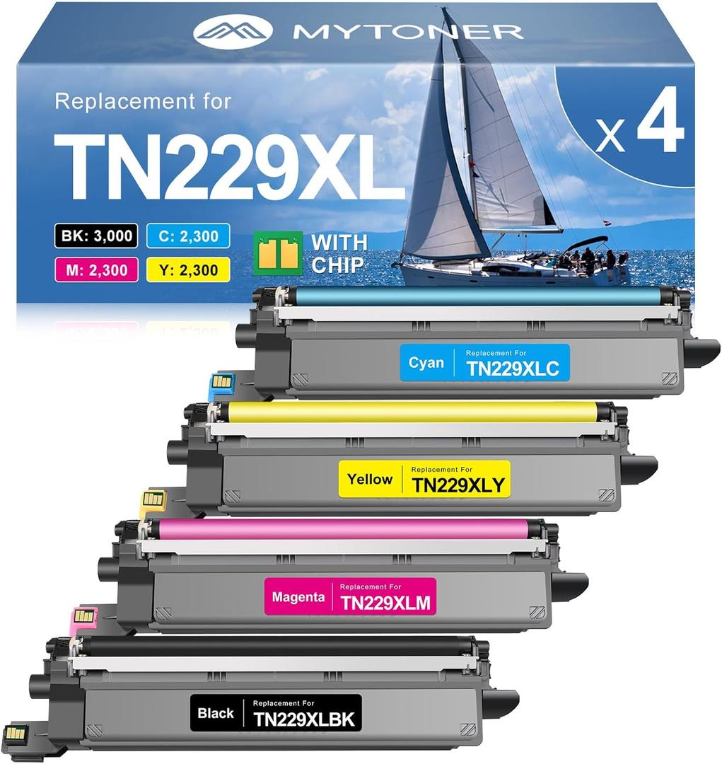 MYTONER Compatible Toner Cartridge Replacement for Brother TN229XL TN229 XL Toner Cartridges for MFC-L3720CDW MFC-L3780CDW HL-L3280CDW HL-L3220CDW HL-L3300CDW Printer (4 Pack TN-229XLBK/C/M/Y) (TN229XL Black Cyan Magenta Yellow)