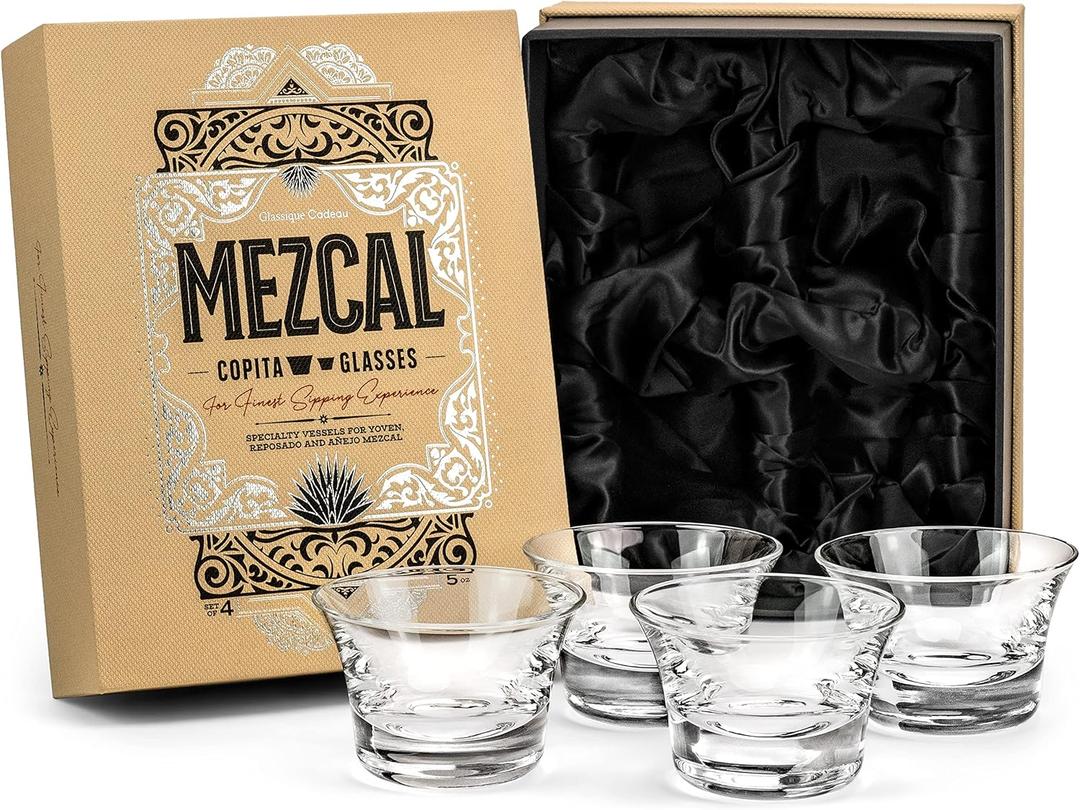 Mezcal and Spirits Sipping Glasses | Tequila Tasting Collection | Set of 4 | 5 oz Crystal Tasting and Drinking Glassware Copitas for Joven, Reposado, Anejo Mezcals | Stemless Liquor Sippers