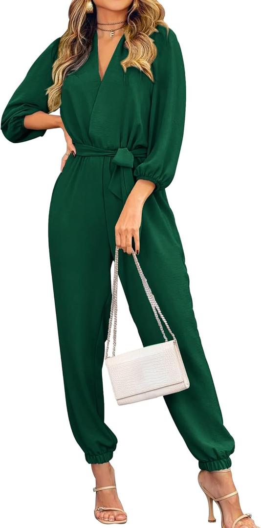 PRETTYGARDEN Women's Fall Jumpsuits Dressy Casual Pants Romper Spring Long Sleeve V Neck Belt Pockets One Piece Outfits (X-Large, Dark Green)