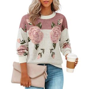 ZESICA Women's Floral Oversized Sweaters 2026 Fall Crewneck Long Sleeve Casual Chunky Knit Pullover Sweater Tops (Large, Pink)