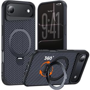 Designed for iPhone Air Case with 360 Magnetic Stand, Carbon Fiber Phone Case [Compatible with Magsafe] [15FT Military Protection] with Stand Ring 6.5'', Black