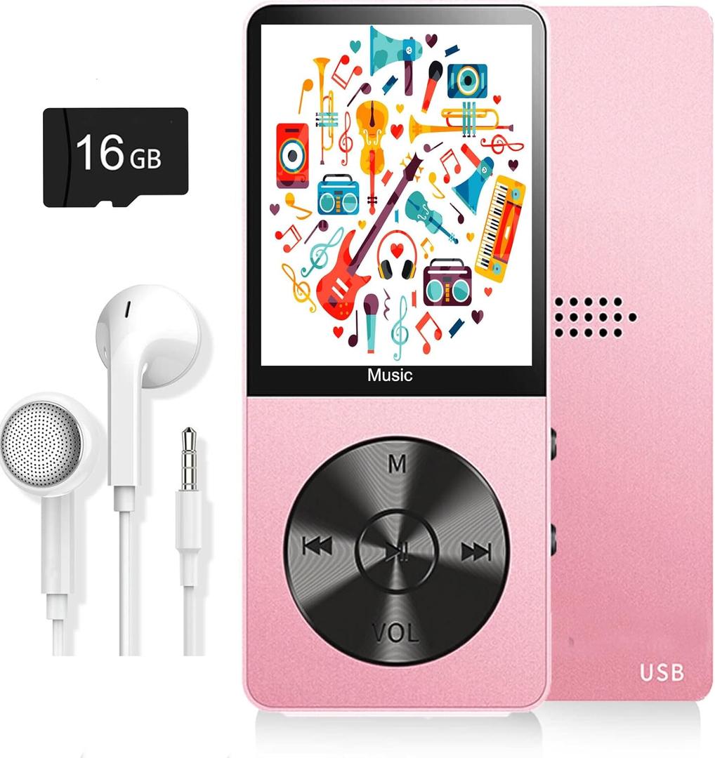 MP3 Player, Music Player with 16GB Micro SD Card, Build-in Speaker/Photo/Video Play/FM Radio/Voice Recorder/E-Book Reader, Supports up to 128GB