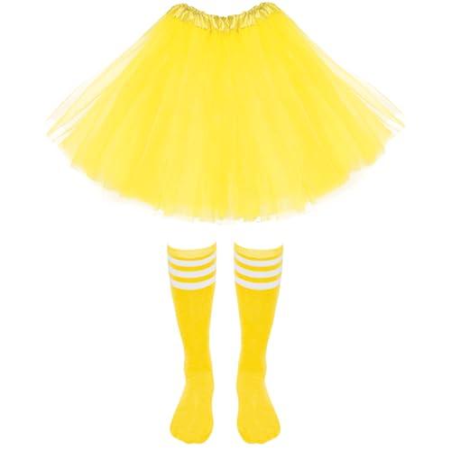 Haakong 2 Pcs 80s Costume Set Yellow Tutu Women with Tube Socks Layered Tulle Tutu Skirt for Women Halloween Cosplay Dress up(Yellow)