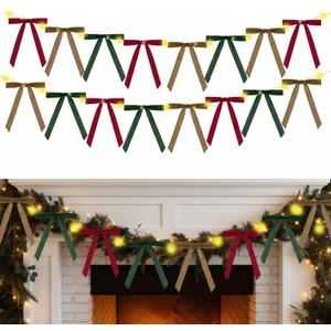 Valentines Garland-13ft Valentine's Bow Garland with String Lights Velvet Bow Garland Banner Valentines Galentines Indoor Decor for Wedding Holiday Party Wall Home Front Door(Green Brown Red)