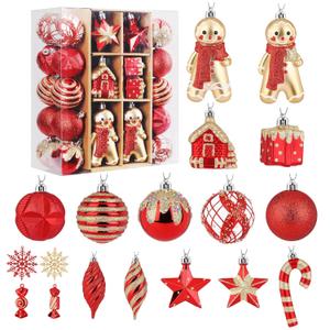SHareconn 65pcs Christmas Tree Ornaments Set, Shatterproof Christmas Gingerbread Man Balls Bulk Gift Boxes, Hanging Plastic Decorative Baubles for Xmas Trees Decorations, Holiday Party, Red Gold (65CT)