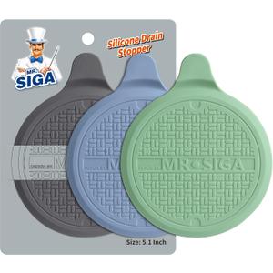 MR.SIGA Silicone Bathtub Stopper, Drain Stopper for Shower, Sink, 5.1" Diameter, 3 Pack (Green+blue+grey)