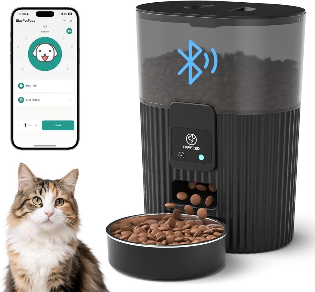 PAPIFEED Automatic Cat Feeder 3.5L/15 Cup 2.4G Bluetooth Pet Feeder for Dog Work with Alexa & Echo Timed Cat Food Dispenser for Remote Feeding with Stainless Steel Bowl up to 10 Meals Per Day with APP (Black-Blueteeth)