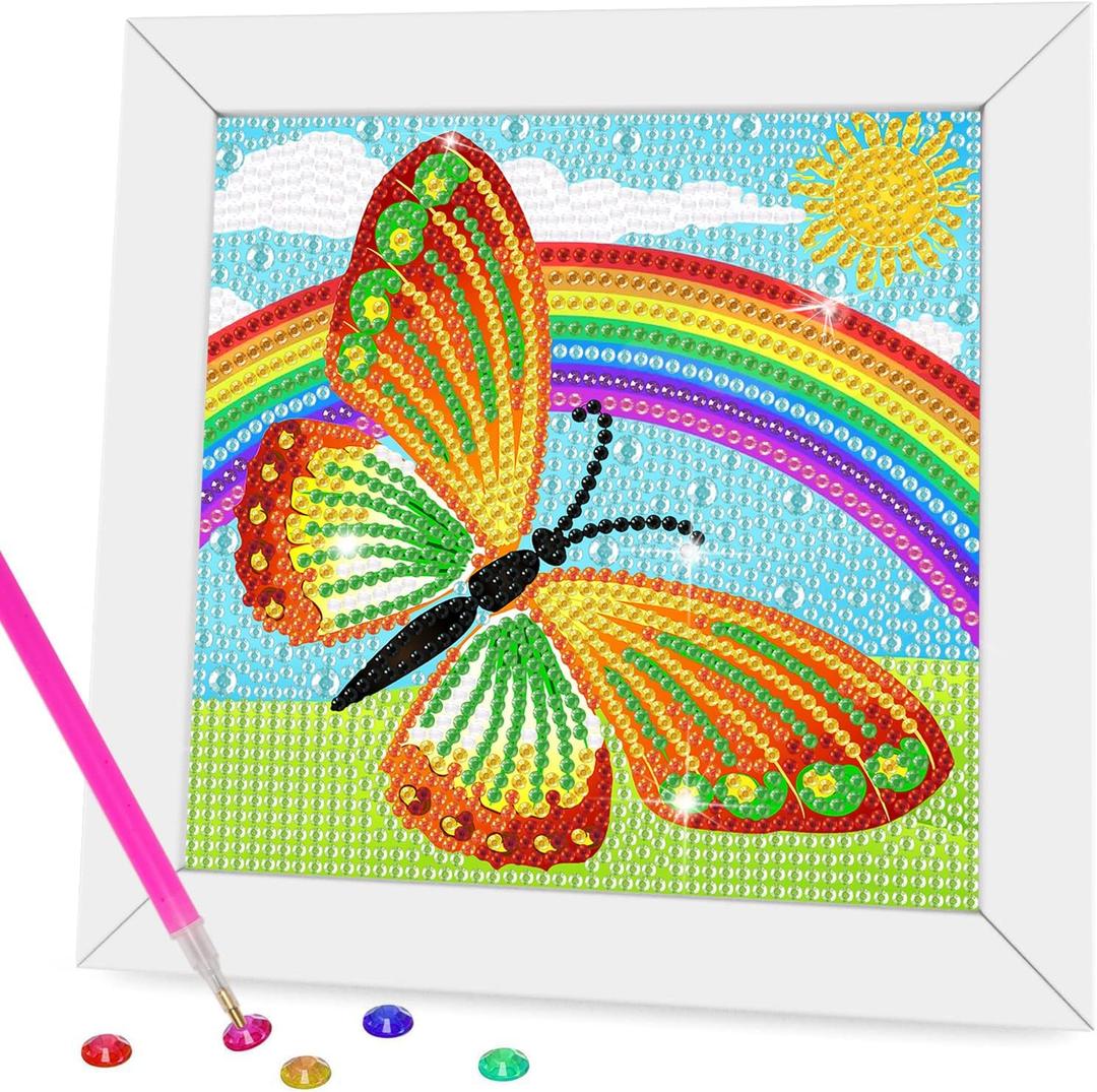 Miairivy Diamond Painting Kits for Kids, DIY 5D Cute Cartoon Diamond Art with Frame, Extremely Creative Crafts, Gifts, Birthday Gifts and Room Decor for Girls and Boys Ages 4-12 (Butterfly-1), Pack of 3