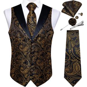 DiBanGu Mens Paisley Suit Vest Silk Jacquard Waistcoat and Necktie Set Formal Shawl Collar Dress Vest 7PCS for Wedding Party (XX-Large, Black and Gold)