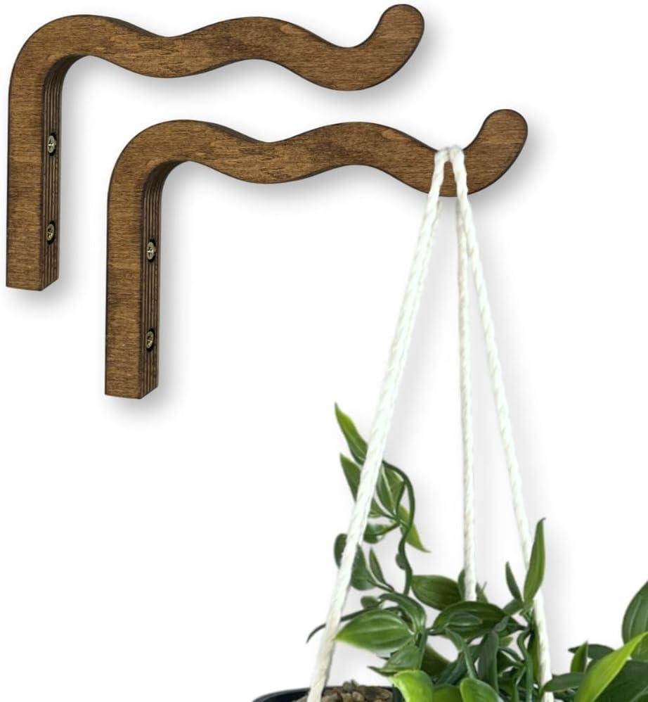EvenWood 2-Piece Set of Wavy Wooden Wall Planters for Indoor Plants 6 Inch - Natural Plant Hook for Wall Plant, Wind Chimes, Flower Brackets, Patio Garden Decorations - Bracket Plant Hanger (Walnut)