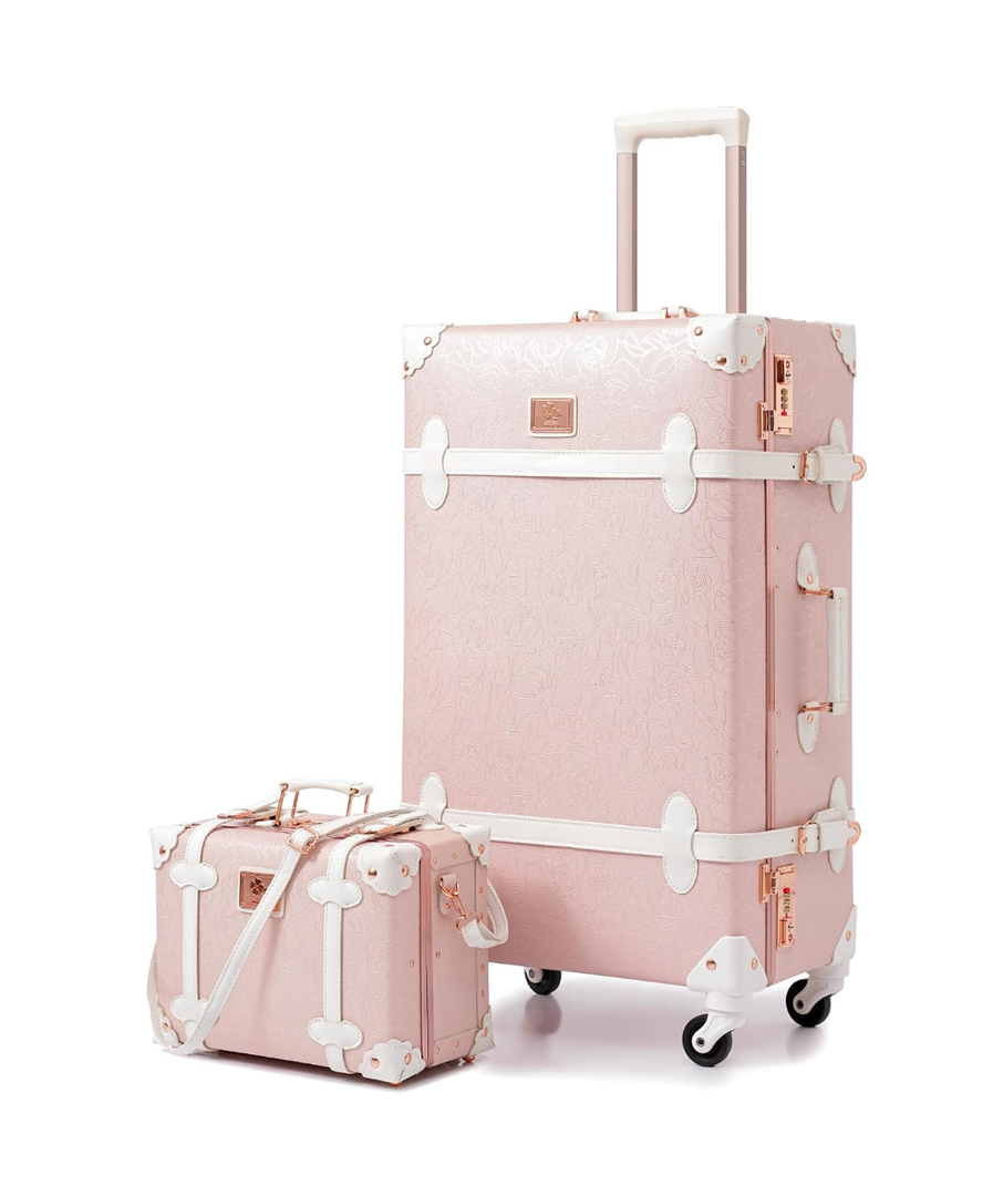 urecity Vintage Suitcase Set for Women, Vintage Luggage Sets for Women 2 Piece, Cute Designer Trunk Luggage, Retro Suit Case, Luggage Zipperless TSA Approved, Elegant Pink, 20"+12