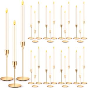 30 Pcs Gold Candlestick Holders with Flameless LED Candles Bulk Includes 15 Metal Candle Holders 15 Ivory Battery Operated Taper Candles for Wedding Valentines Table Centerpieces Home Decor