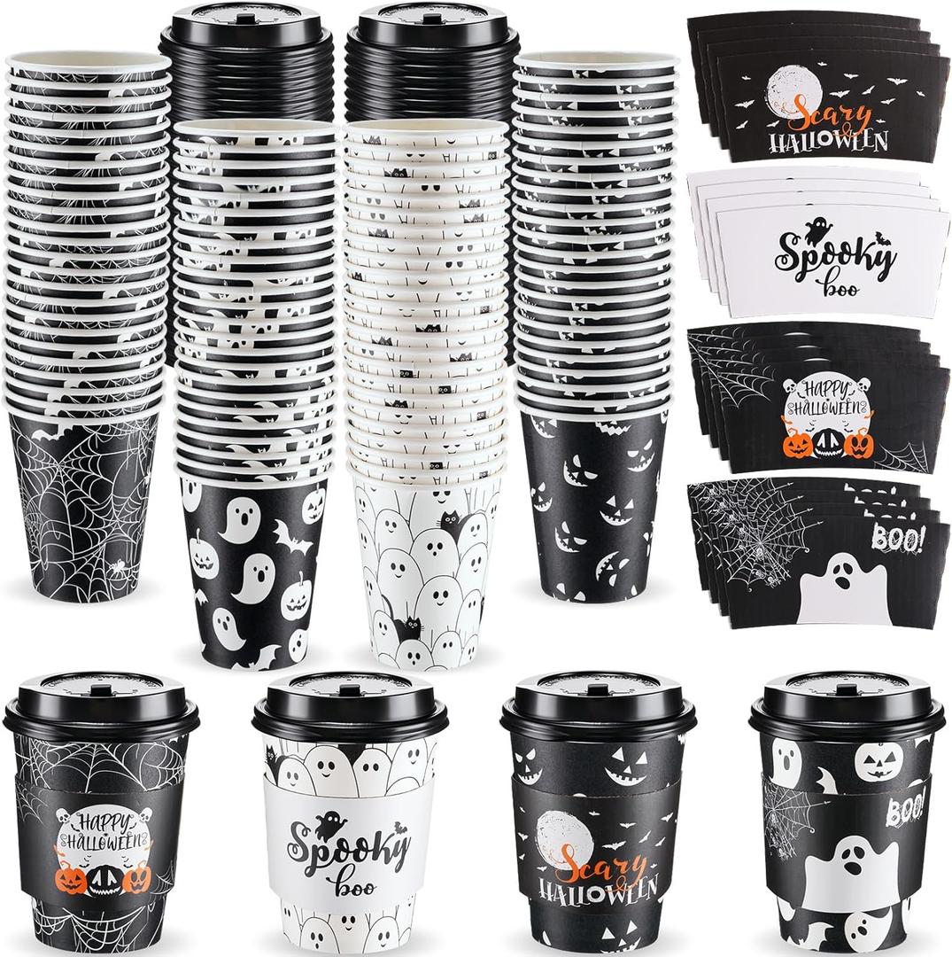 Umigy 100 Pack Halloween Disposable Coffee Cups 12 oz Paper Coffeeware with Dome Lids and Sleeves Hot Cold Beverage Coffee Juice Drinking Cups for Halloween Party Decoration(Spooky Style)