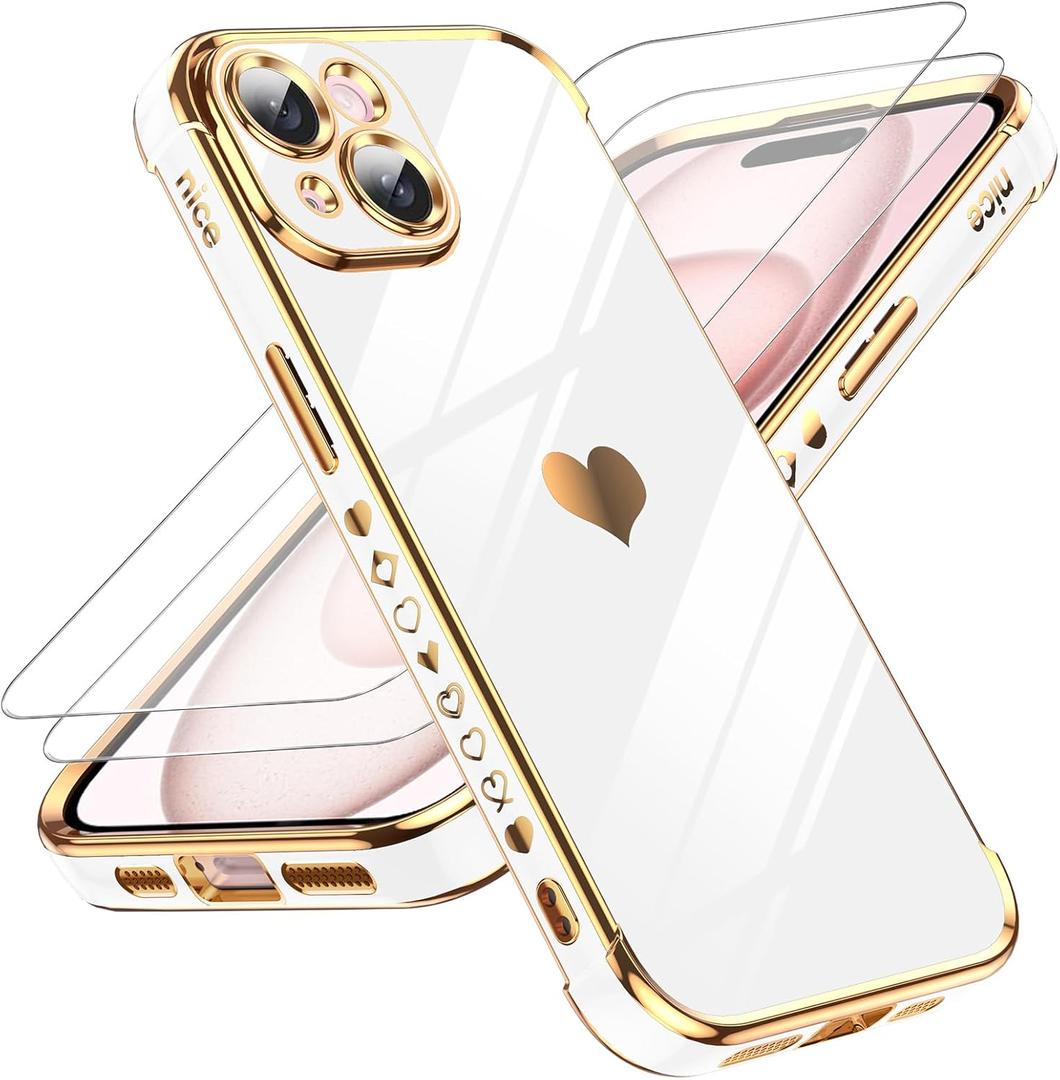 LeYi for iPhone 15 Case: with Tempered Glass Screen Protector [2 Pcs]+ Full Camera Lens Protection,Love Heart Plating Women Cute Luxury Soft TPU Shockproof Case for iPhone 15,White