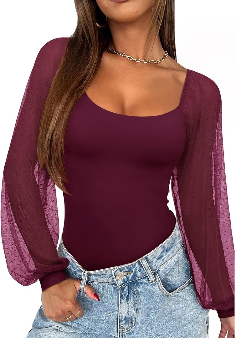 REORIA Women's 2025 Fall Casual Mesh Long Sleeve Square Neck Tops Trendy Cute Dressy Slim Fit Going Out T-Shirts (Cordovan) L