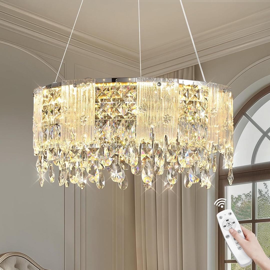 20 inch Chrome Crystal Chandelier, Modern LED Chandelier, 3CCT Dimmable Pendant Light Fixture for Dining Room Kitchen Bedroom Entranway Hallway