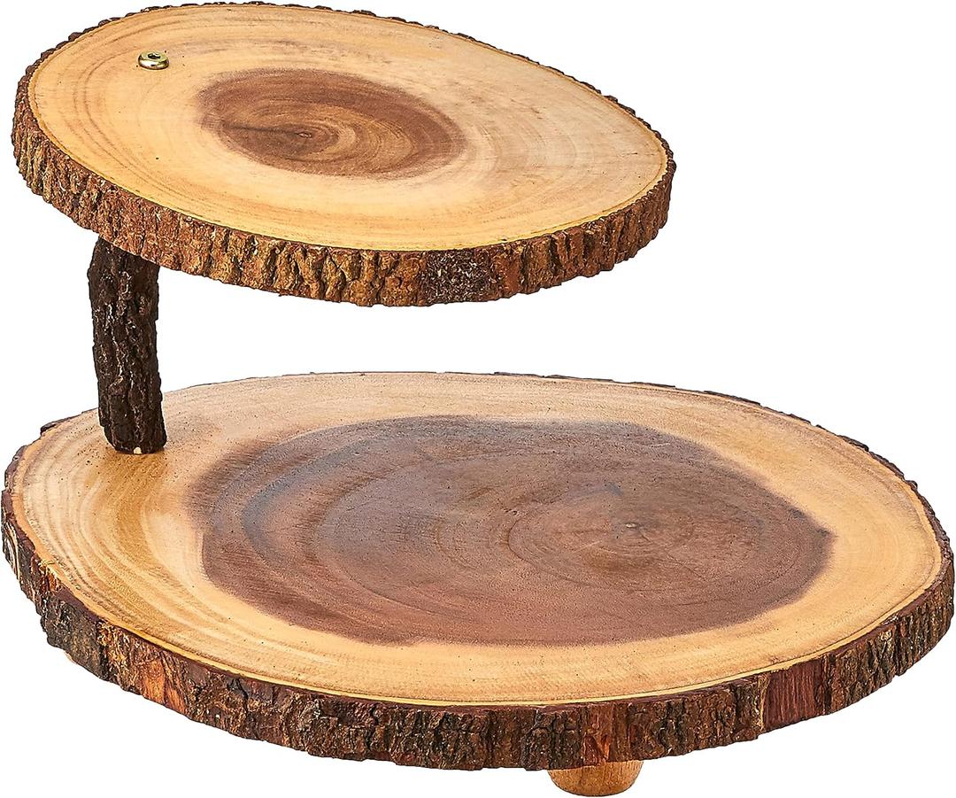 Lipper International Acacia 2-Tier Tree Bark Server for Meats, Cheeses, and Crackers,Acacia Tree Bark, 14"L x 14"W x 8"Th