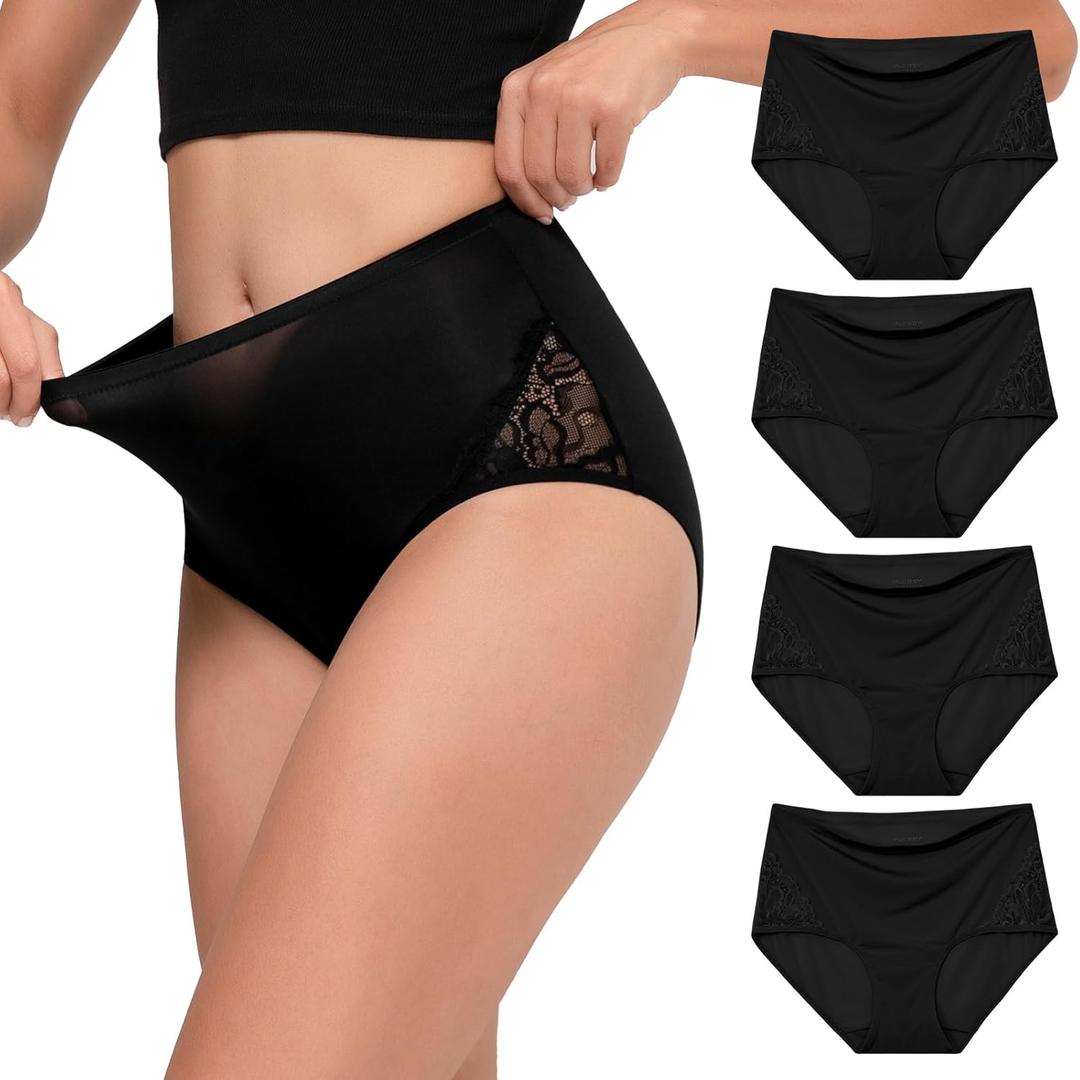 INNERSY Women's High Waisted Lace Underwear Full Coverage Silky Nylon Briefs Panties 4-Pack(Black, Small)