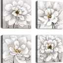 Flowers Wall Art Bathroom Wall Decor Abstract Botanical Picture Contemporary Wall Art Prints Bedroom Living Room Kitchen Office Home Decor Modern White Flower Canvas Artwork 12" x 12" x 4 Pieces