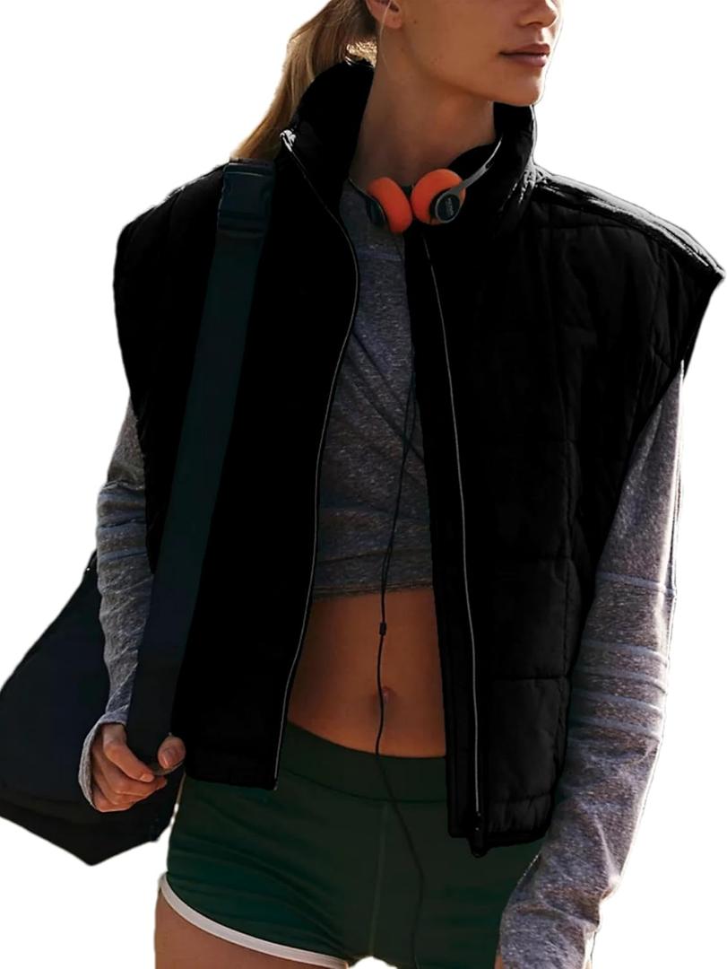Wanzetaly Womens Zip Up Puffer Vest Oversized Stand Collar Sleeveless Quited Padded Jacket Coat(0423-Black-M)