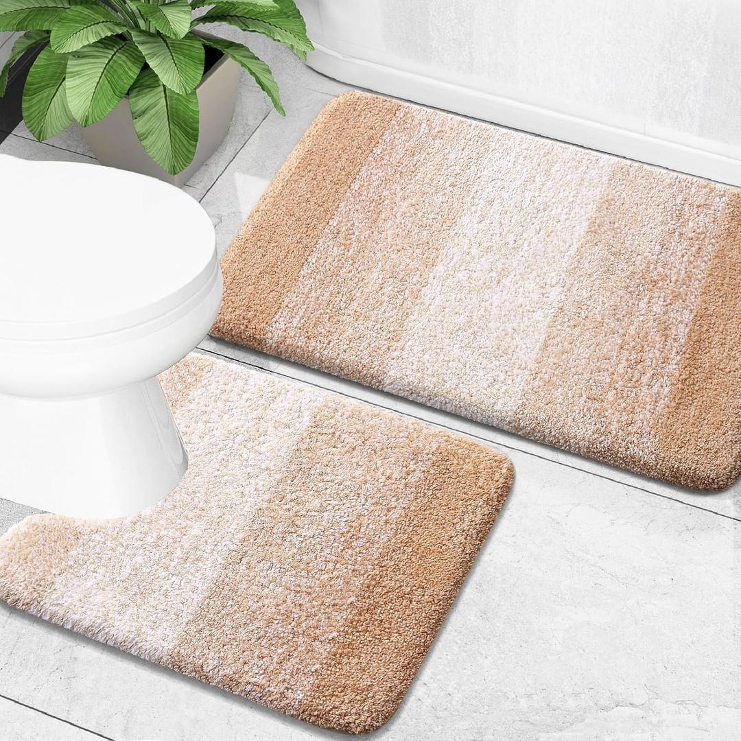 OLANLY Bathroom Rug Set 2 Piece, Soft Absorbent Microfiber Bath Mats and U-Shaped Contour Toilet Rug, Non-Slip, Machine Wash Dry, Plush Shaggy Bath Mats for Bathroom (24"x16"+24"x20", Beige)