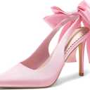 Coutgo Womens Slingback High Heels with Bow Closed Pointed Toe Wedding Bride Dress Shoes Satin Pumps, Pink, Size 9.5