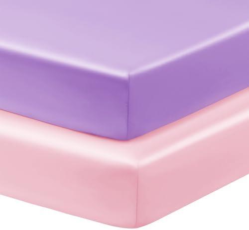 Horbaunal 2 Pack Satin Pack n Play Sheets for Baby with Sensitive Hair and Skin, Silky Mini Crib Sheets 38" x 24" x 5", Soft Playard Sheet Protector Baby Mattress Sheet, Blush Pink & Violet