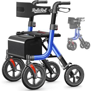 Walkers for Seniors, Rollator Walker with Seat, 10" Big Rubber Wheels All Terrain Rolling Walker, Lightweight Foldable Rollator Walker, Built-in Cable, Reinforced Aluminum Frame, Blue