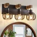 Farmhouse 3 Light Wood Bathroom Lights Over Mirror, Rustic Rattan Black Vanity Light with Globe Metal lampshade, Sconces Wall Lighting for Bathroom, Living Bedroom Hallway
