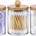 3 Pack Qtip Holder Dispenser with Bamboo Lids - 10 oz Clear Plastic Apothecary Jar Containers for Vanity Makeup Organizer Storage - Bathroom Accessories Set for Cotton Swab, Ball, Pads, Floss