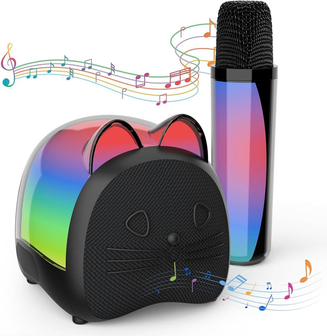 KidsFaves Cat Mini Karaoke Machine for Kids,with Wireless Microphone,Portable Bluetooth Speaker with LED Lights, Christmas Kids Toys Gifts for Girls 3-12 Year Old Party Home KTV