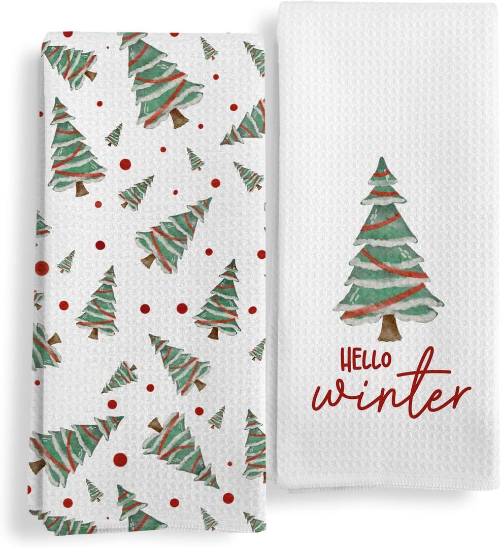 Qeheb Hello Winter Christmas Tree Kitchen Towels Set of 2, Christmas Dish Tea Towels for Kitchen, Rustic Winter Xmas Tree Holiday Decorative Hand Towels for Bathroom Decor, 16X24In