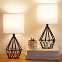 Small Table Lamp Set of 2 Black, Bedside Lamps with White Fabric Shade, Cute Desk Lamp with Metal Cage & Linen Lampshade, Modern Nightstand Lamp for Bedroom, Living Room, Kids Room, Office