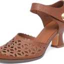 NEWBELLA Womens Mary Janes Vintage Pumps with Adjustable Ankle Strap & Embossed Cutou Design, Comfortable Flared Heels for Casual & Dressy Brown, Size 6.5