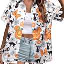 Womens Halloween Hawaiian Shirt Cute Pumpkin Spooky Castle Graphic Tee Magical Halloween Short Sleeve Button Up Tops XL