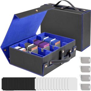 Foldable Card Holders for Playing Cards, Trading Card Storage Box with Handles, 4-Row Magnic Card Deck Box with 4 Stoppers, 24 Dividers for MTG and Sport Cards (Black & Blue)