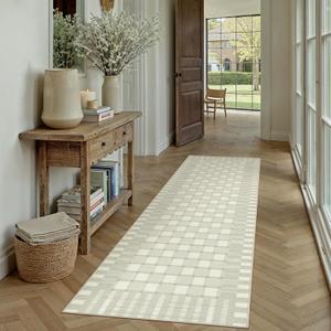 PureCozy Checkered Runner Rug 2x6 for Hallways Green Washable Long Carpet Non-Slip Low Pile Boho Indoor Accent Throw Rug for Entrance Kitchen Bedroom Dining Laundry