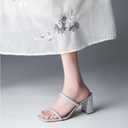 Women's Square Open Toe Heeled Sandals Two Strap Mules Slip On Block Chunky Mid Heels Sandals (Silver)