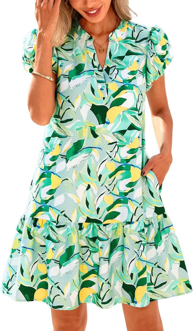 dowerme Womens Summer Dresses 2025 Puffy Sleeve V Neck Loose Floral Print A Line Boho Mini Babydoll Dress with Pockets (Green, XX-Large)