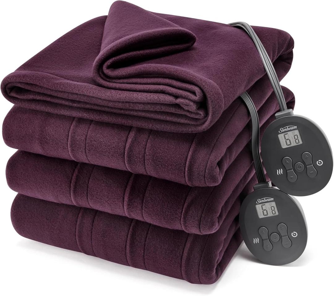 Sunbeam Royal Ultra Fleece Heated Electric Blanket King Size, 90" x 100", 12 Heat Settings, 12-Hour Selectable Auto Shut-Off, Fast Heating, Machine Washable, Warm and Cozy, Claret