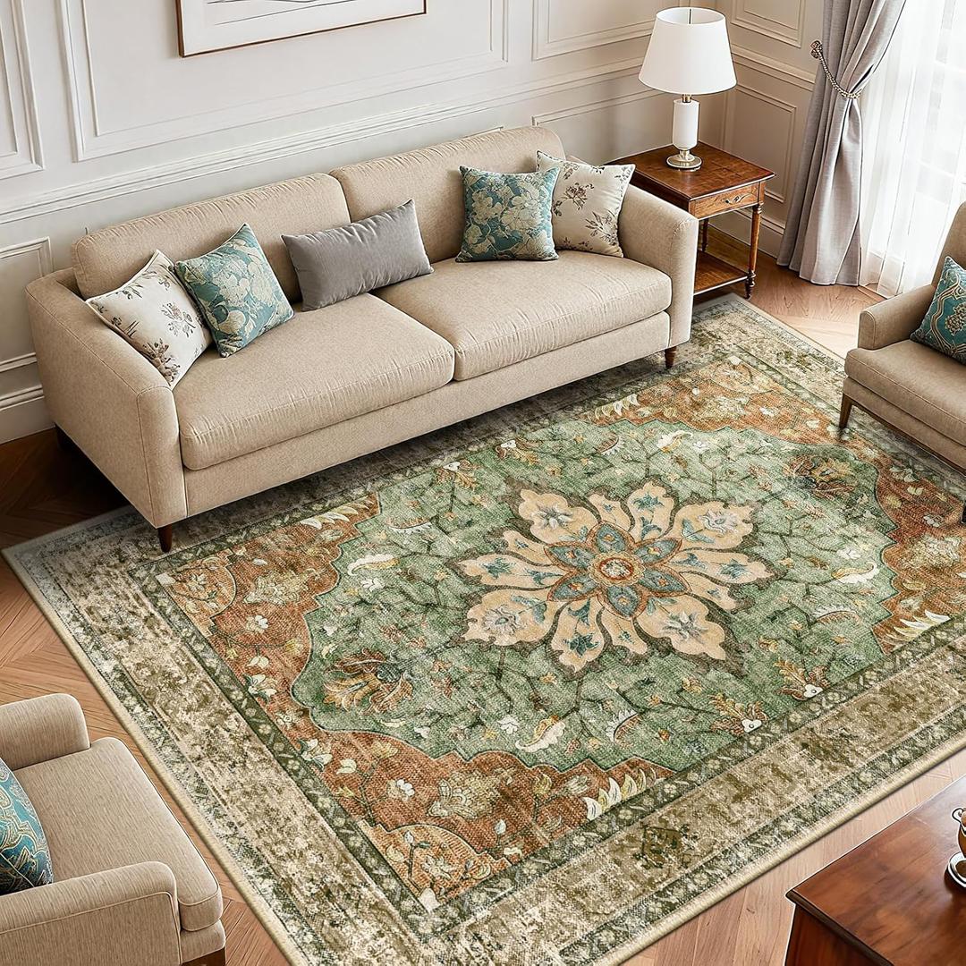 RELEANY Area Rugs 6'x9' Washable Vacuum-Friendly, Non-Slip, Floral Vintage Distress Print Pattern Medallion Carpet for Living Room BedroomBrick Red Rust Neutral Brown Burnt Orange Green