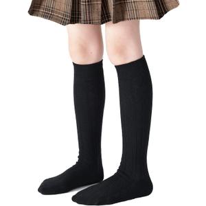 Marchare Girls Knee High Socks Kids Boys School Uniform Seamless Cable Knit Cotton Socks Stockings White Black Navy 3/6 Pack (Black)