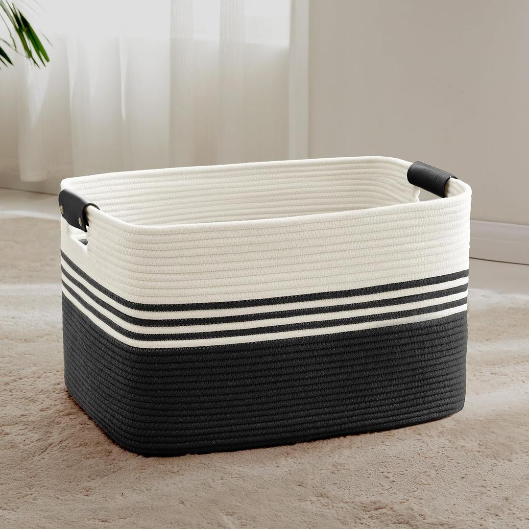 72L Large Laundry Basket with Leather Handles for Living Room Storage, Woven Rope Baskets Bin for Blanket, Kids Toy, Gifts, Wicker Hamper for Bedroom Dirty Clothes, 22"x17"x12" White Black
