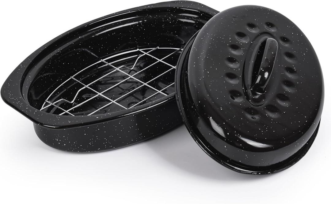 13 Roaster Pan with Lid and Rack, Small Enamel Roaster Pan with Oval Roasting Rack, Granite Baking Pot for Chicken Turkey Lamb, Heat Resistant, Oven/Dishwasher/All Stovestops Compatible