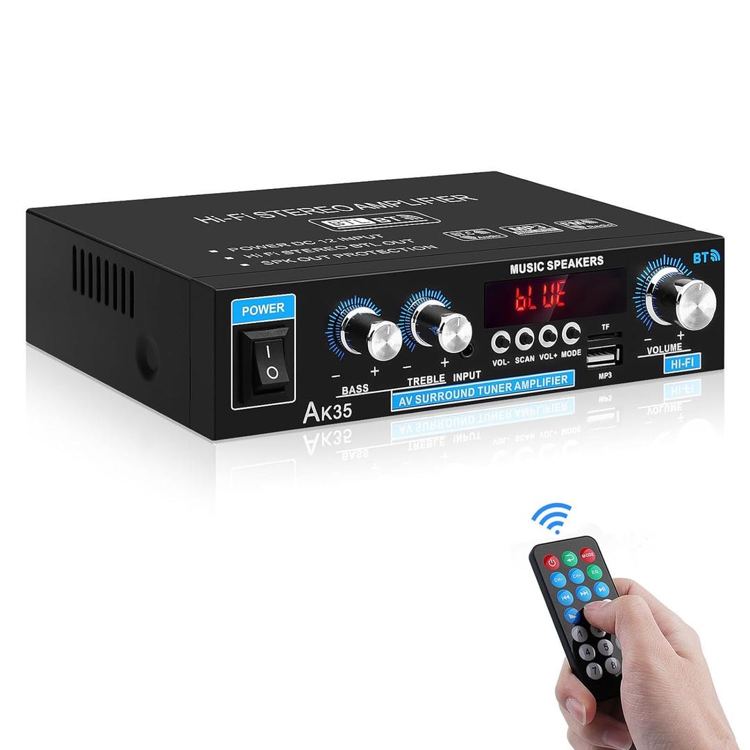 Home Audio Amplifier AK-35 HiFi Bluetooth 5.0 Mini Stereo Power Amp Receivers 2.0 Channel RMS 30W x 2 Max. 200W Output with USB,AUX,FM Radio for Home Theater Speakers System (AK-35(30W+30W RMS Power))
